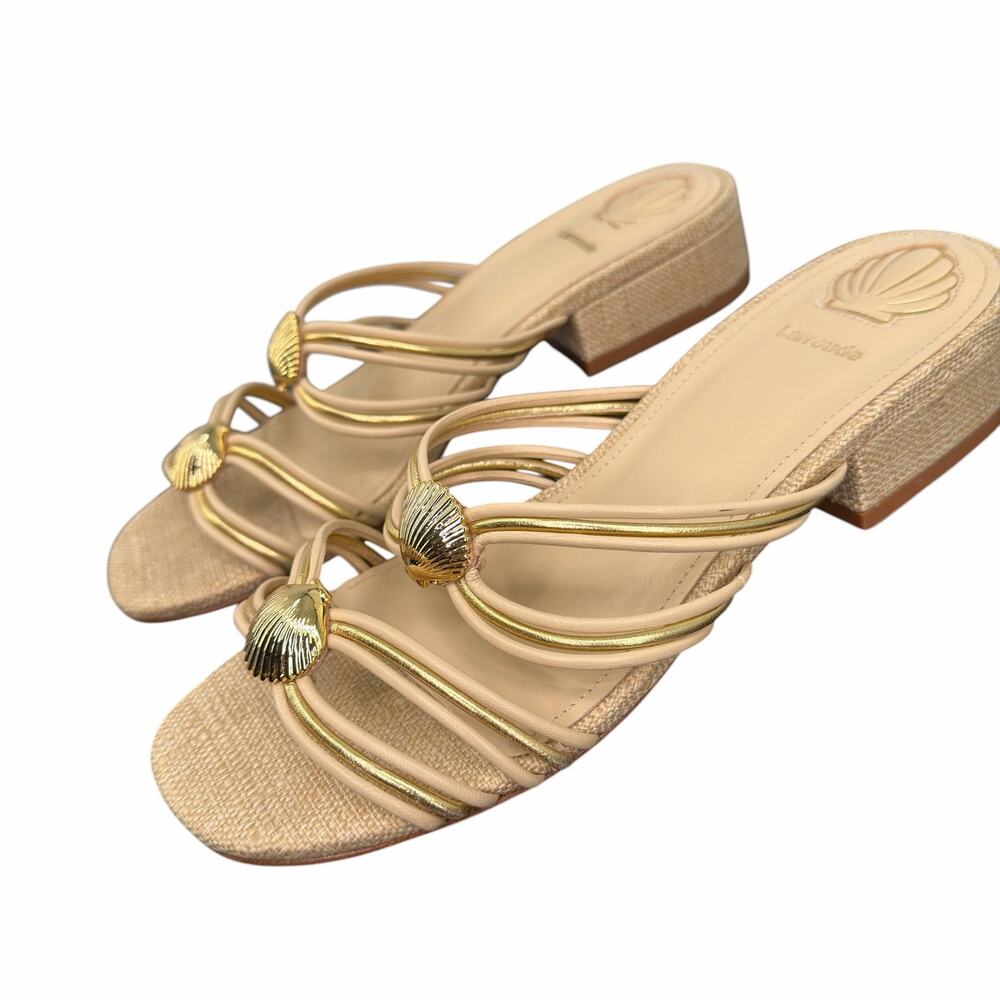 Larroudé Shelly Mule Sandal Strappy Leather Beige Gold Seashell Accent Size 7 - Picture 9 of 16